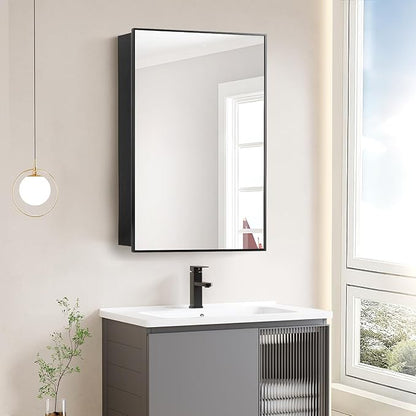 Black Bathroom Medicine Cabinet with Mirror, 17x30 Inch Rectangle Wall-Mounted Bathroom Mirror with Storage & Adjustable Tempered Glass Shelves for Bathroom Vanity, Over Sink
