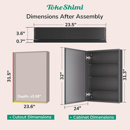 TokeShimi 24 x 32 Mirrored Medicine Cabinet Recessed or Surface Mount, Aluminum Tempered Bathroom Medicine Cabinet with Mirror with Storage Black Stepless Adjustable Metal Shelves Farmhouse