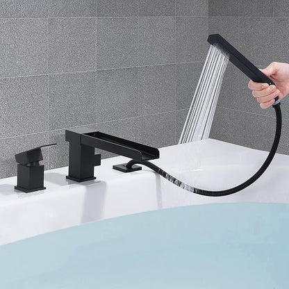 Waterfall Roman Tub Filler Faucet, Deck Mount Bathtub Filler with 360°Swivel Spout, 3 Holes Bathroom Tub Faucet with Sprayer, Matte Black