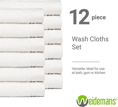 100% Cotton Washcloths Set 13” x 13” | White Towels | Set of 12 Ultra Soft and Highly Absorbent Washcloths Sets for Bathroom, Gym, Hotel, Spa | Machine Washable Face Towel