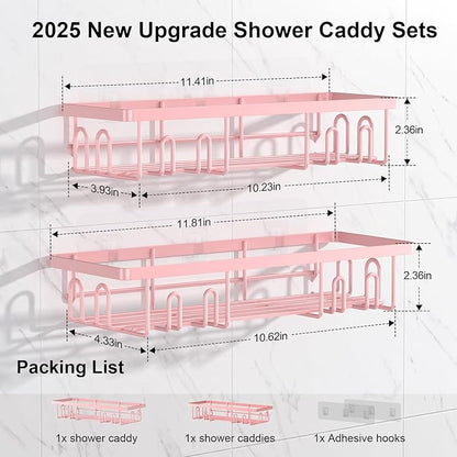 2025 New Adhesive Shower Caddy, Shower Shelves with 16 Hooks, Pink 2 Pack