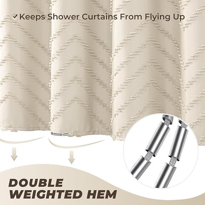 84 Inches Extra Long Beige Shower Curtain Boho Neutral Tufted Chevron Textured Striped Minimalist Shower Curtains for Bathroom