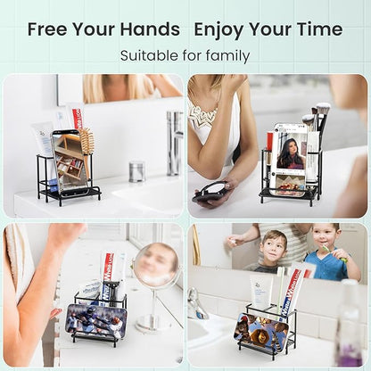 Mustry Toothbrush Holders for Bathrooms, Black Toothbrush Organizer with Front Ledge for Phone Holder, Stainless Steel Toothbrush and Toothpaste Holder Stand for Bathroom Countertop Accessories Storag