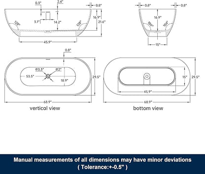 69" Premium Solid Surface Freestanding Bathtub, Upgraded Stone Resin Tub with Overflow and Pop-up Drain, Matte Black