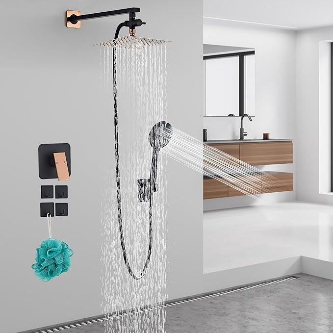 Shower Head 8'' High Pressure Rainfall, Handheld Shower Combo with 11'' Extension Arm, 5 Spray, Anti-leak Luxury Premium Quality, Rainfall Shower Head with Handheld Spray Combo, Rose Gold