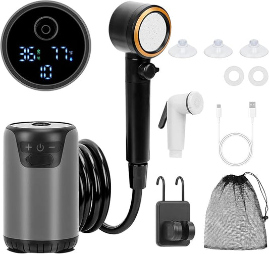 Portable Shower for Camping, Rechargeable Camping Shower Pump with LED Display & IPX8 Waterproof - High Pressure Electric Outdoor Shower for Hiking, Car Wash, Pet Bath, RV, Boat