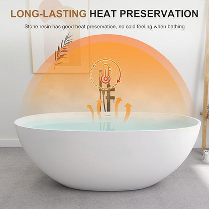 SJ STAR&JANE 61" Solid Surface Freestanding Bathtub, Oval Soaking Tub with Overflow and Pop-up Drain for Bathroom