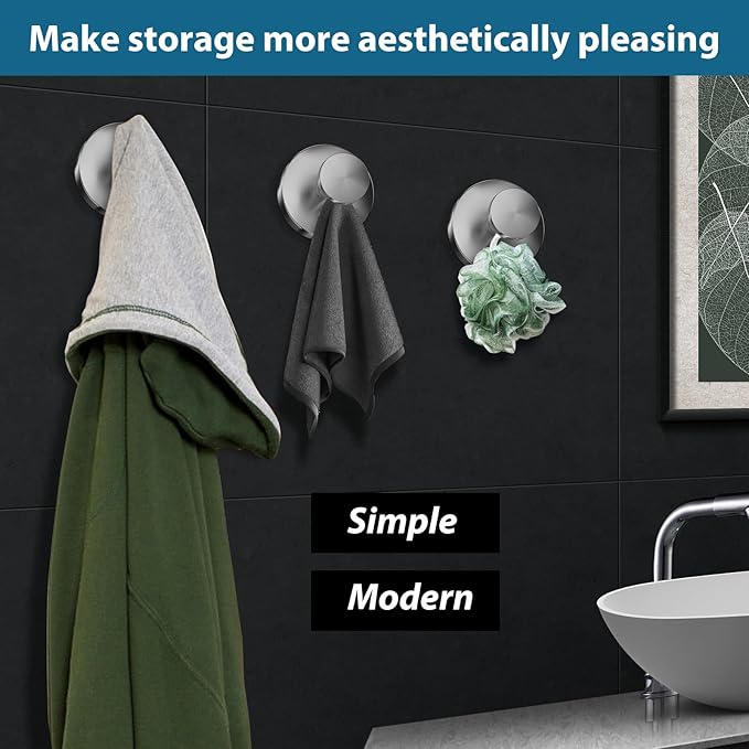 Suction Cup Hooks for Shower, 4 PCS No-Drill Towel Holder for Bathrooms Wall, Glass Door, Mirror, Tiles, Kitchen, Hold Robe & Wreath, Hanging up to 15 lbs – Waterproof & Rustproof, Loofah-Silver