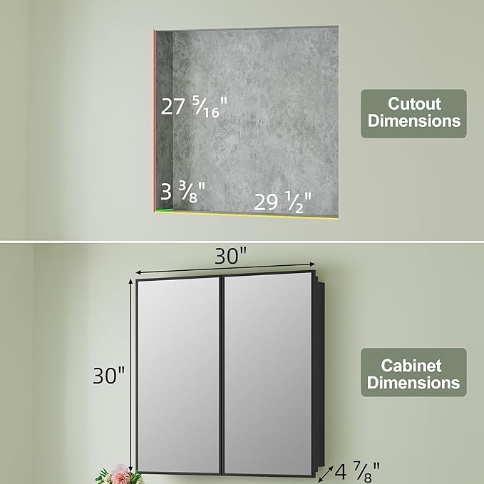 Buruis 30" x 30" Framed Medicine Cabinet with Mirror, Recessed or Wall Mounted Bathroom Cabinet, Adjustable Tempered Glass Shelves, Left/Right Open Reversible, No Assembly Required, Black