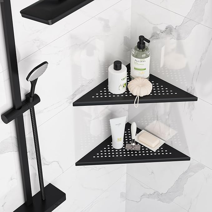Neodrain 12 Inch Matte Black Corner Wall Shelf Set of 2, Floating Corner Shelves for Wall, 304 Stainless Steel Wall Storage Shelves for Bathroom,No Drilling