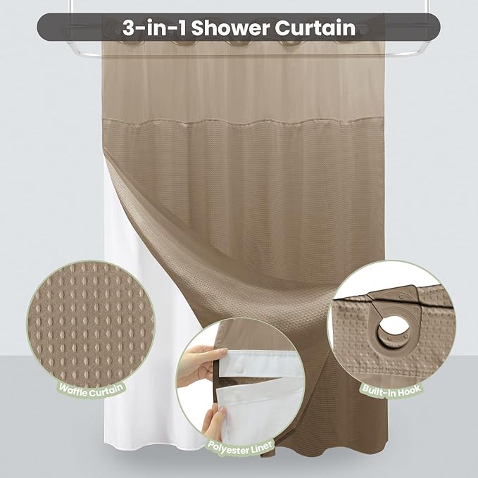 Inhousolu No Hook Shower Curtain with Snap in Fabric Liner Set Waffle Weave 230GSM Weighted Hem, Waterproof & Washable Bathroom Curtain Spa Luxury with Mesh Top Window 72" W x 72" L Beige