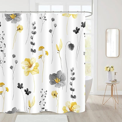 Gibelle Small Stall Shower Curtain 36 x 72, Narrow Half Watercolor Floral Fabric Shower Curtain, Yellow Grey Flower Decorative Bathroom Shower Curtain Set