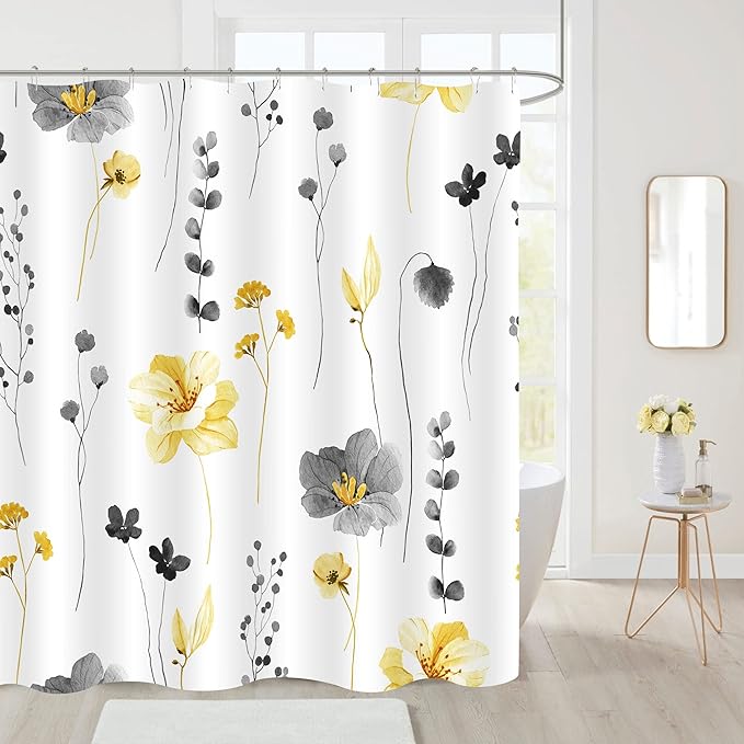 Gibelle Yellow and Grey Floral Shower Curtain, Watercolor Flower Shower Curtain for Bathroom, Modern Minimalist White Waterproof Fabric Shower Curtain Set 72x72 Inch