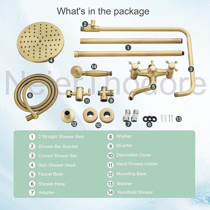 NeierThodore Antique Brass 8-Inch Bathroom Shower Faucet System Rainfall Shower Head Wall-Mounted Dual Cross Handle Bathtub Shower Mixer Tap with Hand Sprayer