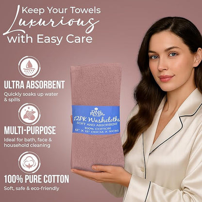 DAN RIVER 12 Pack Wash Cloths for Showering [12x12] - 100% Cotton Washcloths Premium Quality Flannel Face Cloths for Bathroom, Highly Absorbent and Soft Feel Wash Clothes, Dusty Pink