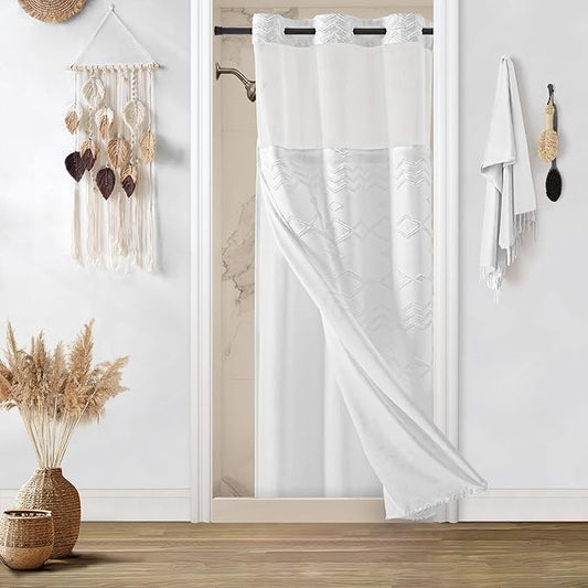 No Hooks Stall Shower Curtain with Snap in Liner- Water Repellent Tufted Chevron Striped Shower Curtains for Bath Tubs, Narrow Hotel Quality Bath Curtain Set, 36Wx74H, White