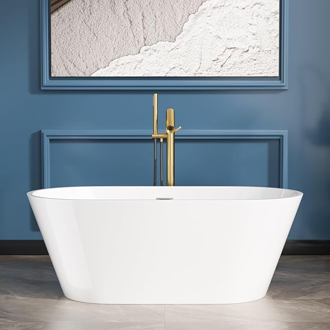 Sarlai 59 Inch Acrylic Freestanding Soaking Bathtub Contemporary Soaking White Tub Stand Alone Ergonomic Bathtub with Chrome Overflow and Drain