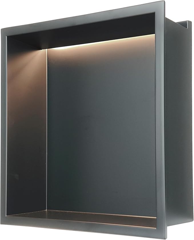 Stainless Steel Lighted Niche for Shower Storage,Bathroom Niches with LED Waterproof Light Strip，Shower Niche Insert Tile Ready ，Matte Black （ 12 x 12 in）