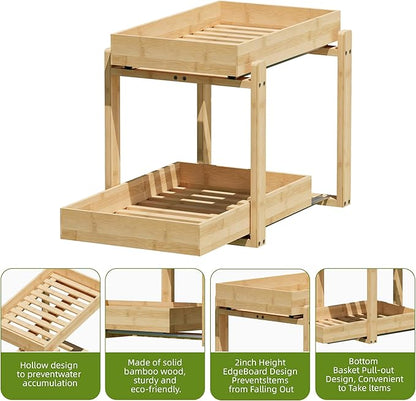 2 Pack Under Sink Organizer, Bamboo Wooden 2-Tier Pull-Out Storage with Sliding Drawers for Kitchen and Bathroom Cabinets, Easy Installation (Natural, 2 Packs)