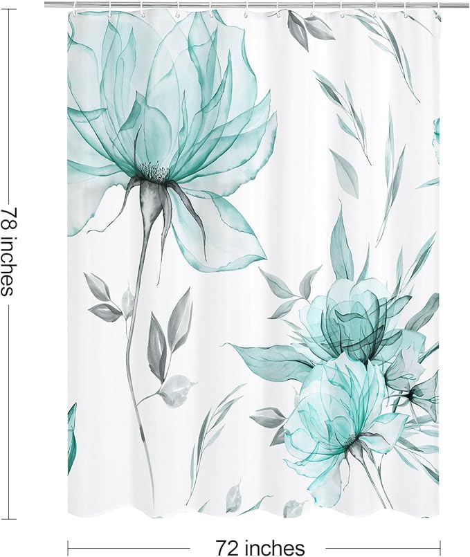 Long Boho Watercolor Floral Shower Curtain 72 x 78, Teal Blue and Grey Ink Painting Style Flower Shower Curtains for Chic Elegant Bathroom, Artistic 78 Inch Long Fabric Shower Curtain