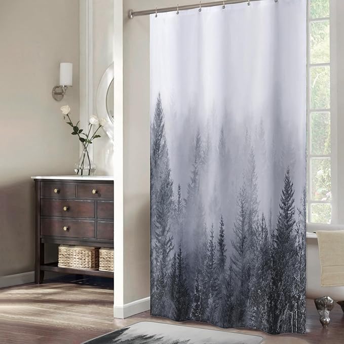 ORTIGIA 36x72 Misty Forest Stall Shower Curtain for Small Bathroom, Grey Half Size Narrow Nature Woodland Shower Curtain Set with Hooks, Waterproof Fabric Pine Tree Fog Magic Home Bath Curtain