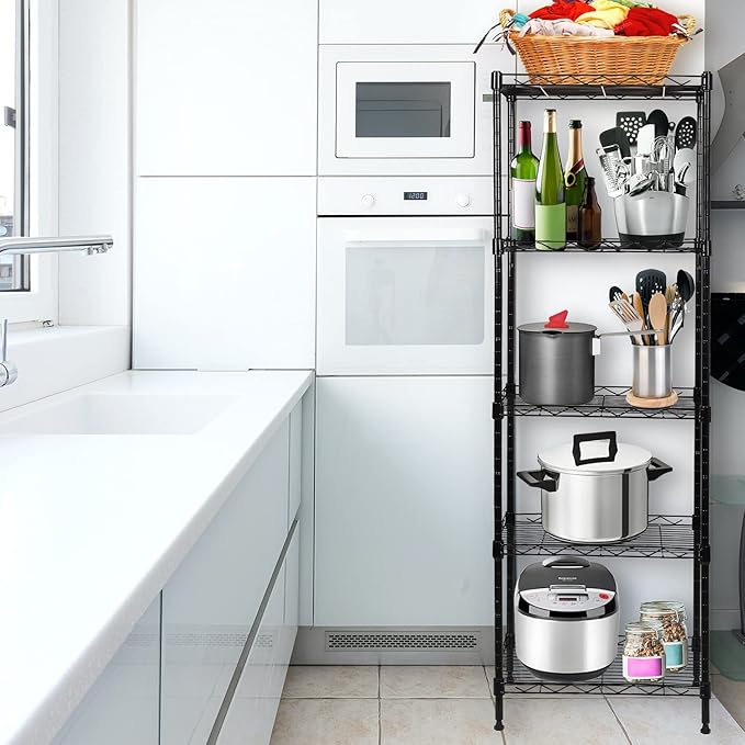 5-Tier Wire Shelving Adjustable Shelves Unit Metal Storage Rack for Laundry Bathroom Kitchen Pantry Closet Organization (Black, 16.6" L x 11.4" W x 49.1" H)