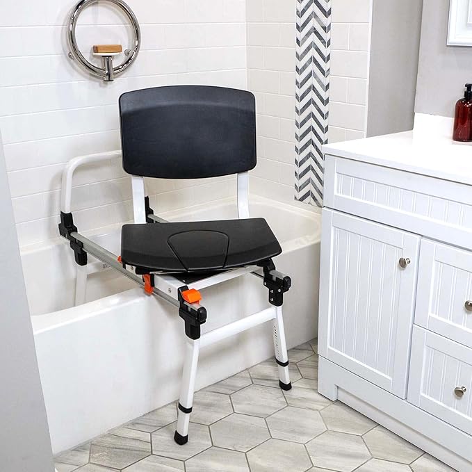 ShowerGlyde SG3 - FSA HSA Eligible | Sliding Transfer Bench for Tight Spaces, Swivel Seat, Grab Bar, and Height Adjustable - Ideal Sliding Shower Chair for Compact Bathrooms