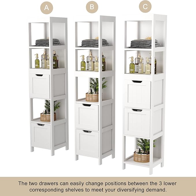 HOMEFORT Bathroom Storage Cabinet, Slim Tall Cabinet, Narrow Floor Cabinet Organizer, Wooden Linen Tower with 2 Drawers and 3 Shelves, Freestanding Cupboard White