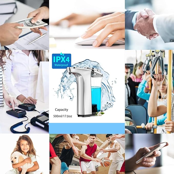 Automatic Soap Dispenser, Touchless Sensor Hand Soap Dispenser 17oz/500ml Silver, Adjustable 5 Dispensing, Refillable Reservoir, Battery Powered for Kitchen & Bathroom