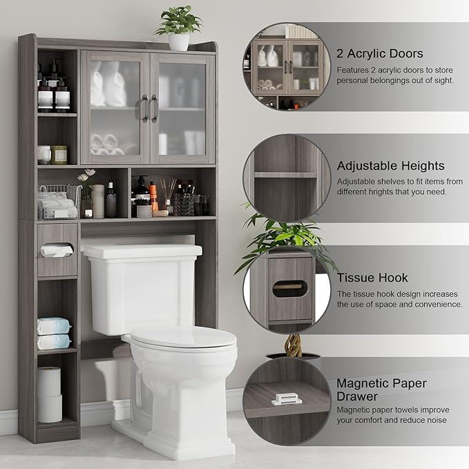 Vabches Over The Toilet Storage Cabinet, Farmhouse Storage Cabinet Over Toilet with Acrylic Doors，Home Space-Saving Toilet Rack, for Bathroom, Restroom, Laundry(Grey