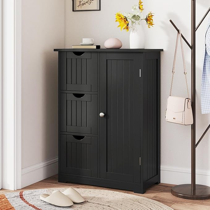 Tangkula Bathroom Floor Cabinet, Freestanding Storage Cabinet with 3 Drawers & Single Door, Adjustable Shelf, Multipurpose Bathroom Storage for Home Office, 23.5 x 12 x 32 Inches (3 Drawers, Black)