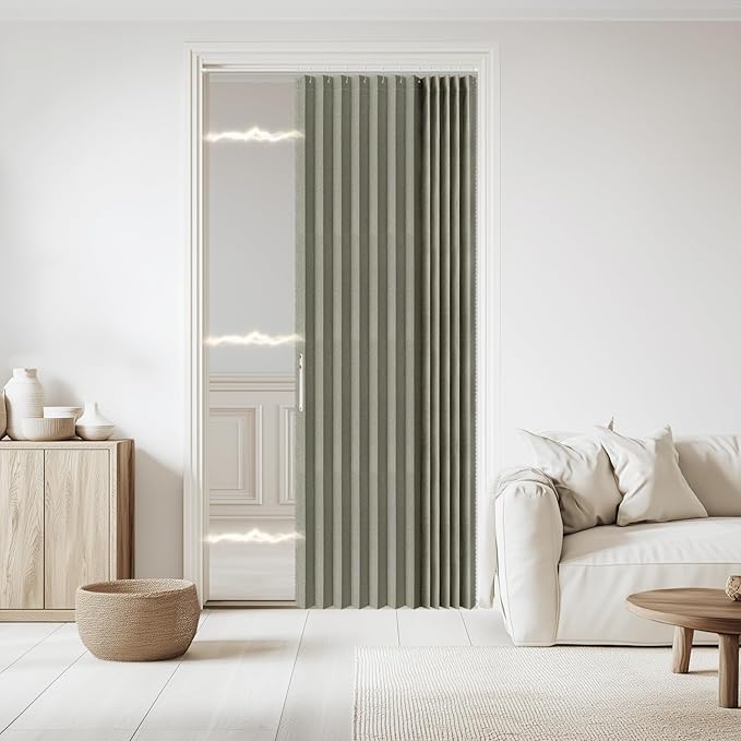 Accordian Door Curtain, 100% Blackout Folding Magnetic Doorway Curtains,Linen Style Closet Doors,for Room Divider,Privacy Protection（W52 x L78,Grey,1 Panel）
