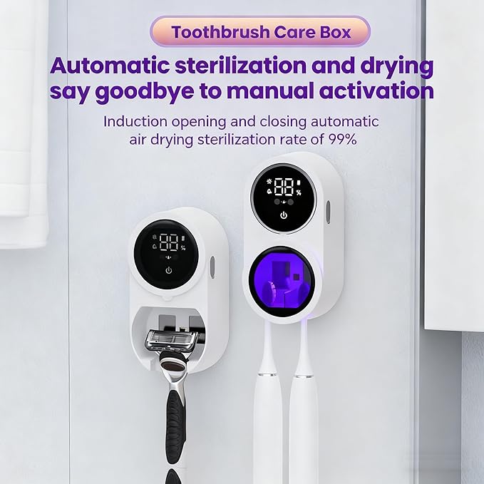 KLUEHOME UV Toothbrush Sanitizer & Holder for Bathroom, LED Smart Screen, Light Cleaning and Air Drying, Mirror Wall Mounted,Fits Most Electric, Manual and Kids’ Toothbrushes