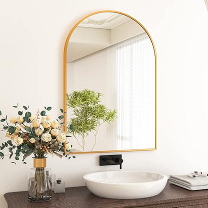 HARRITPURE Arched Bathroom Mirror 24" x 36“ Gold Modern Wall Mirror Aluminum Alloy Frame Decorative Mirrors for Bedroom Living Room Entryway