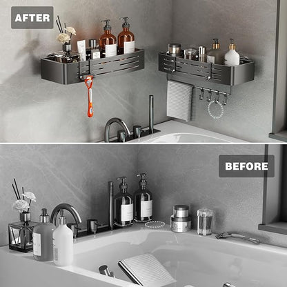 Voldra Shower Caddy Suction Cup, 3 Pack Shower Shelves for Inside Shower No Drilling, Aluminum Suction Showers Organizer with Towel Bar & Hooks Removable Bathroom Shelf Storage Rack(Gray)