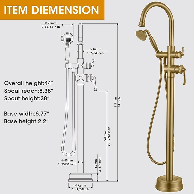 Freestanding Bathtub Faucet, Floor Mount Tub Faucet Brushed Gold High Flow Tub Filler, Roman Tub Faucet with Antique Handheld, Swivel Gooseneck Spout Shower Mixer Taps (B2311-BG)