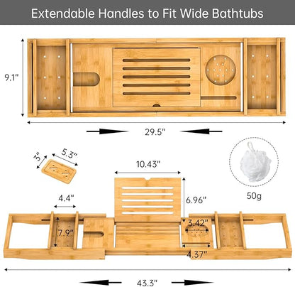 Bamboo Bathtub Tray for Luxury Bathroom, Expandable Premium Bath Tray w/Soap Towel Book Holder, Adjustable Bath Accessories for Tub,Extendable Tub Tray w/Wine Glass Cup Organizer 29.5"-43.3" Nature