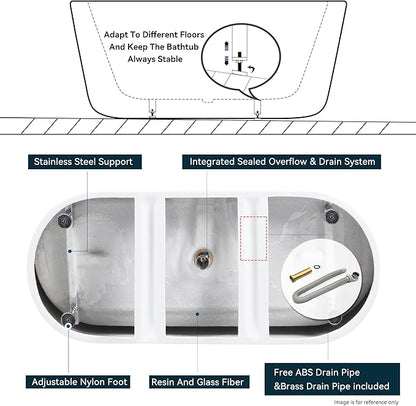 FerdY 59" Shangri-La Elite, Acrylic Freestanding Bathtub, Modern & Contemporary Design Soaking Tub with Polished White Pop-Up Drain and Minimalist Design Overflow, Glossy White, cUPC Certified