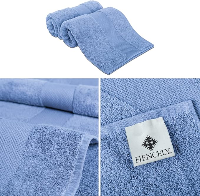 Hencely Luxury Hand Towel - Set of 2 (16x28 Inches) - Soft Turkish Cotton, Absorbent, Quick-Drying Face, Body, Kitchen, and Bathroom Towel (Hand Towels 2 Pack, Blue)