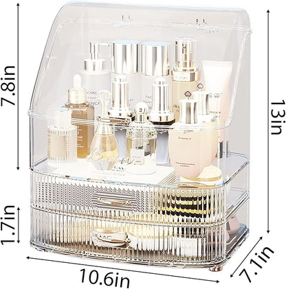 Makeup Organizer Countertop Vanity with Transparent Lid Drawers Waterproof Dustproof Cosmetic Skincare Bathroom Storage Gift for Women Teens Girls (Clear Whtie)