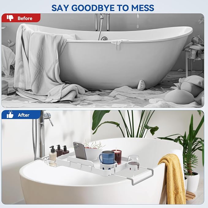 Bathtub Tray Caddy Expandable Bath Tray with Cup Holder Plastic Bathtub Caddy Shelf Stylish Bathroom Organizer for Candle Towel, Book, Wine, Phone, Shower