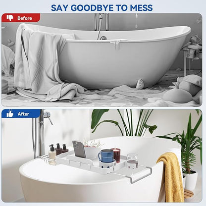 Bathtub Tray Caddy Expandable Bath Tray with Cup Holder Plastic Bathtub Caddy Shelf Stylish Bathroom Organizer for Candle Towel, Book, Wine, Phone, Shower