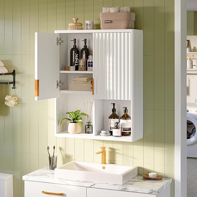 Bestier Fluted Bathroom Wall Cabinet Over The Toilet Storage, 23"x 29" Medicine Cabinet with Adjustable Shelf, Laundry Cabinet Wall Mounted and Kitchen Storage Cabinet(Glossy White)