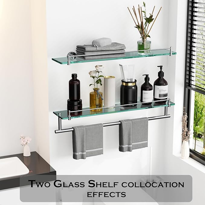 24-Inch Towel Rack with Shelves Tempered Glass Bathroom Shelves with Bar - Chrome Polished Modern Stainless Steel, Wall Mount Rustproof Tower Rail