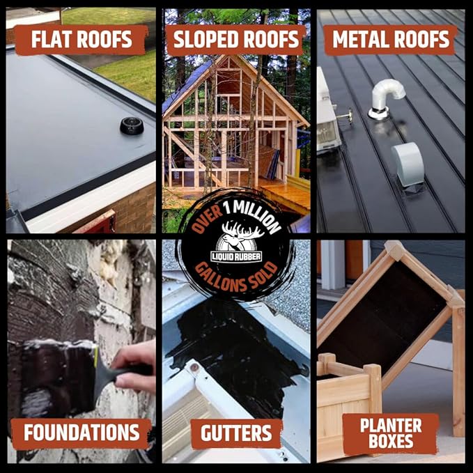 Liquid Rubber Waterproof Sealant - Waterproof Leak Repair Coating, Multi-Surface Rubber Paint, Durable Sealant for Roofs, Kit Includes- Black 5 Gallon Sealer, Caulk 10.2 oz 4 Pack, Seam Tape 4" x50'