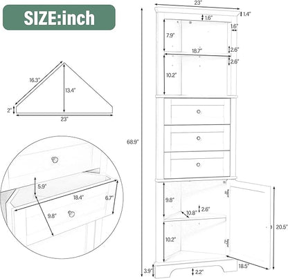 Favfurish 69" Tall Corner Cabinet with Door and 3 Drawers,Modern Bathroom Storage Cabinets w/Adjustable Shelves,Freestanding Organizer for Bathroom,Kitchen,Living Room,Dining Room,Green