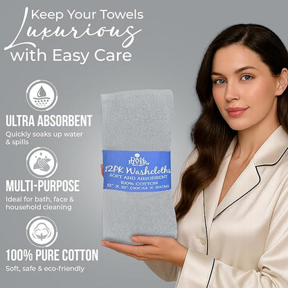 DAN RIVER 12 Pack Wash Cloths for Showering [12x12] - 100% Cotton Washcloths Premium Quality Flannel Face Cloths for Bathroom, Highly Absorbent and Soft Feel Wash Clothes, Silver