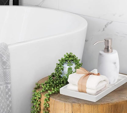 Resin Soap Dispenser Set 2, Refillable Hand Soap Dispenser with White Marble Look and Metallic Pump, Kitchen, Bathroom, Waterproof Labels (12 Oz)