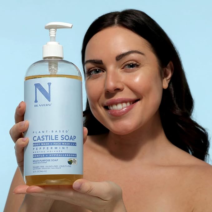 Dr. Natural Castile Liquid Soap, Peppermint, 32 oz - Plant-Based - Made with Organic Shea Butter - Rich in Coconut and Olive Oils - Sulfate and Paraben-Free, Cruelty-Free - Multi-Purpose Soap