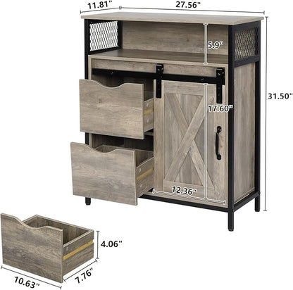 VINGLI Farmhouse Bathroom Floor Storage Cabinet, Rustic Freestanding Cabinet Organizer w/Sliding Barn Door, 2 Large Drawers and Adjustable Shelves (Wash Grey)